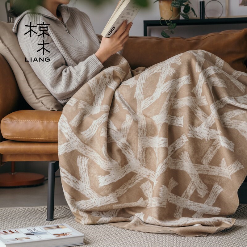 椋木树影系列居家羊毛盖毯双人毯美丽奴羊毛毯沙发毯新婚礼物