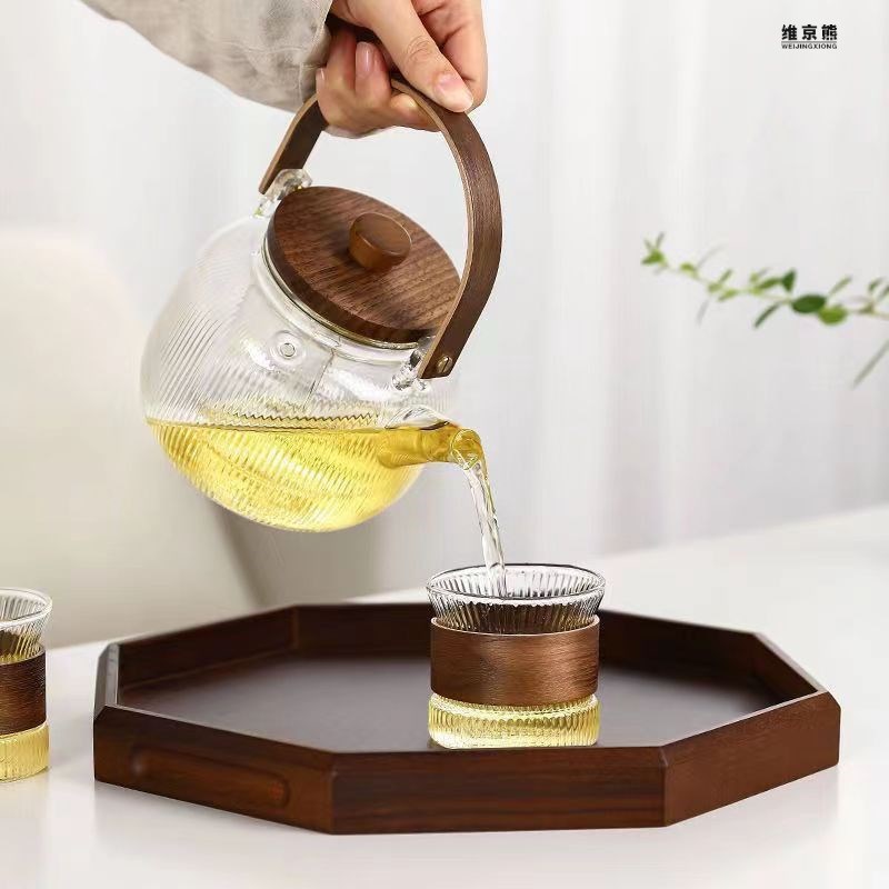 耐高温花草茶壶套装水果煮茶壶家用蒸煮一体木把手玻璃竖纹泡茶壶