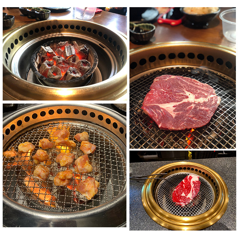 缘隆日式碳烤炉商用韩式烧烤炉钛金下排烟炭烤炉圆形烤肉炉铜色