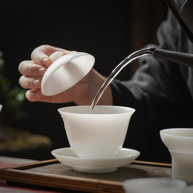 中国白素烧冰种羊脂玉瓷功夫茶具套装德化白瓷薄胎盖碗高档礼盒装