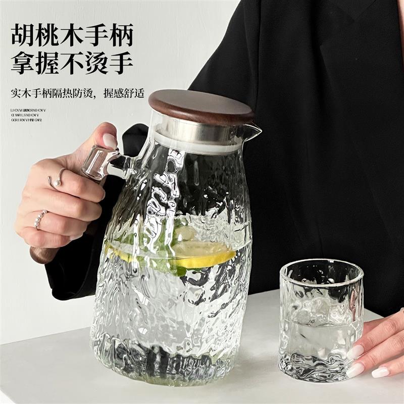 高档树纹冷水壶家用高硼硅玻璃木柄凉水壶耐高温大容量果茶泡茶壶
