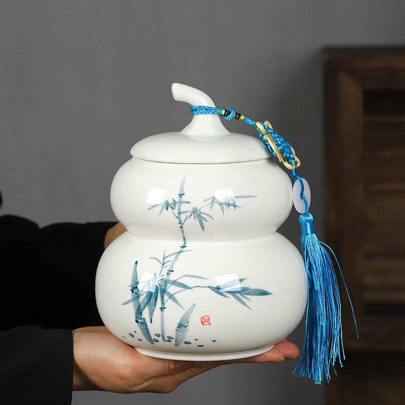 手绘陶瓷葫芦茶叶罐大号一斤装密封储存防潮罐通用空盒礼盒装定制