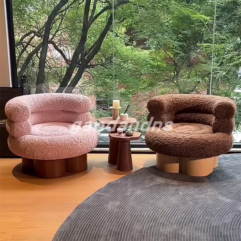 中古风羊羔绒单人沙发棉花糖旋转沙发椅客厅实木设计师懒人休闲椅