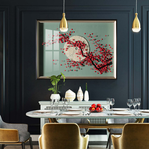 新中式餐厅立体手工实物挂画个性艺术饭厅定制壁画厨房背景墙装饰