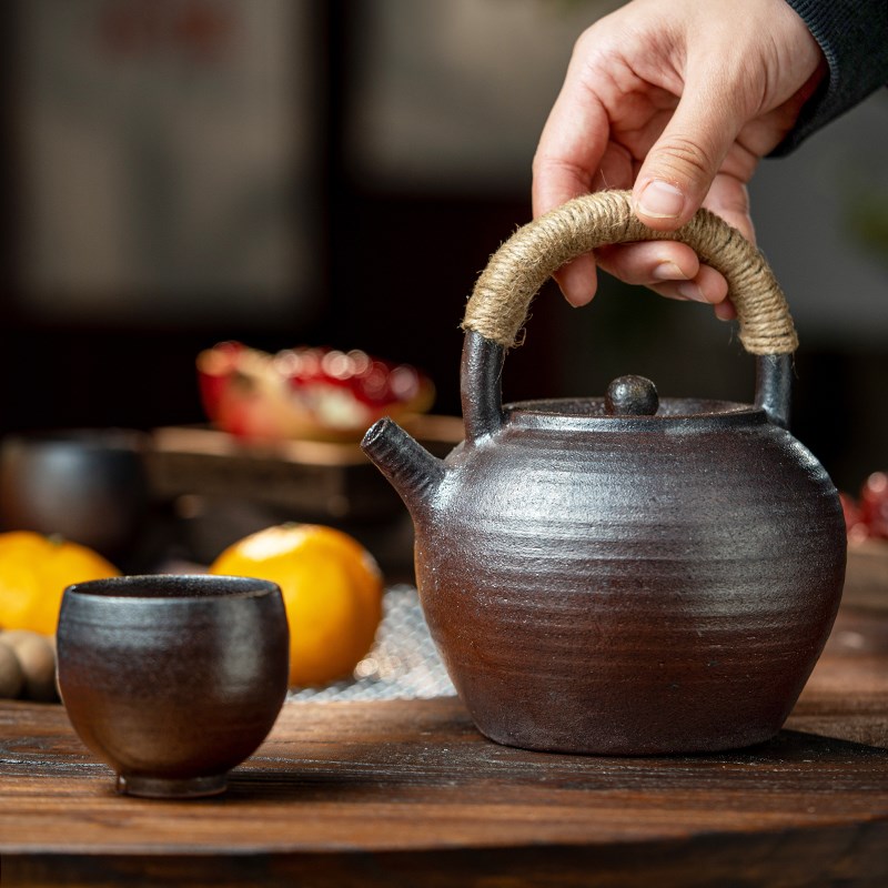 原矿陶泥柴烧提梁茶壶纯手工陶瓷把手煮水壶家用养身煮水器可明火