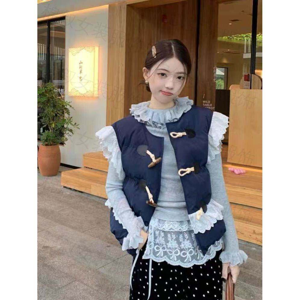 韩系蕾丝边可爱少女羽绒棉服马甲外套