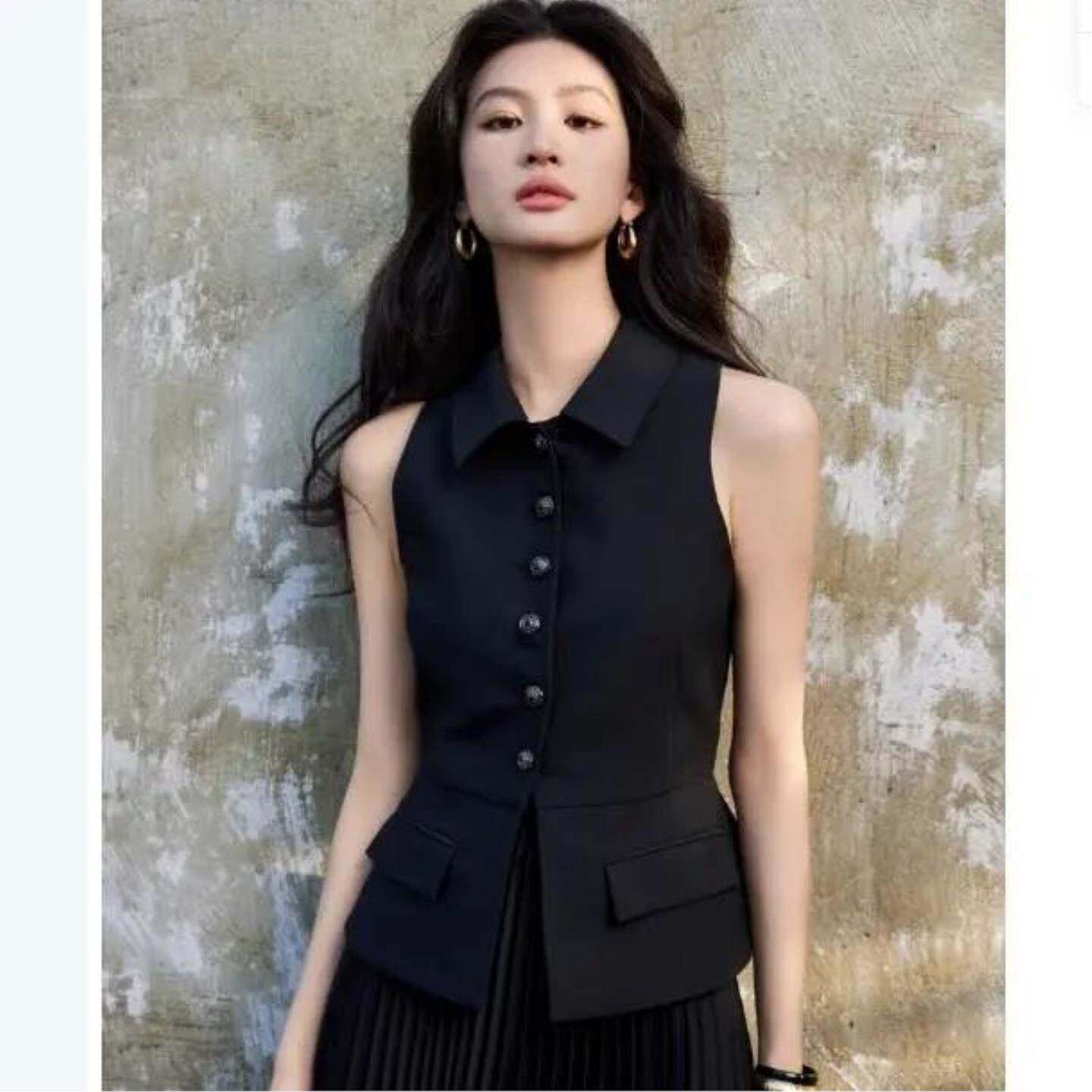 黑色气质小香风马甲背心女夏季新款翻领百搭收腰显瘦无袖西装上衣