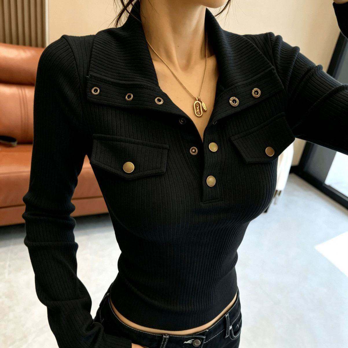 【店铺热销】美式翻领修身拿破仑针织打底衫女秋冬内搭辣妹显瘦美