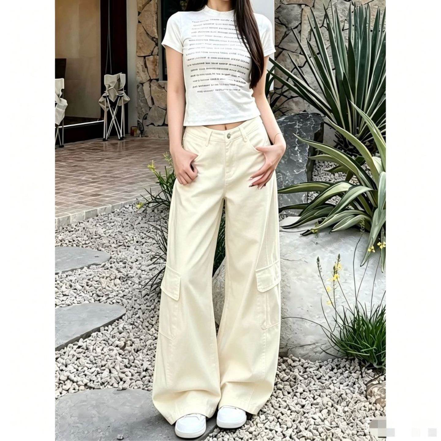 杏白色多口袋工装休闲裤女夏季设计感高腰百搭显瘦阔腿辣妹弯刀裤
