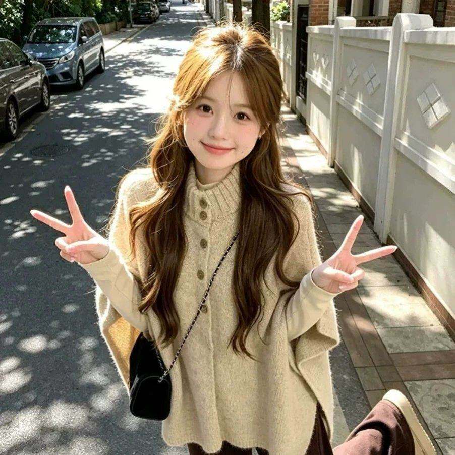 斗篷毛衣女秋新款韩系上衣穿搭韩系宽松慵懒针织打底衫上衣两件套