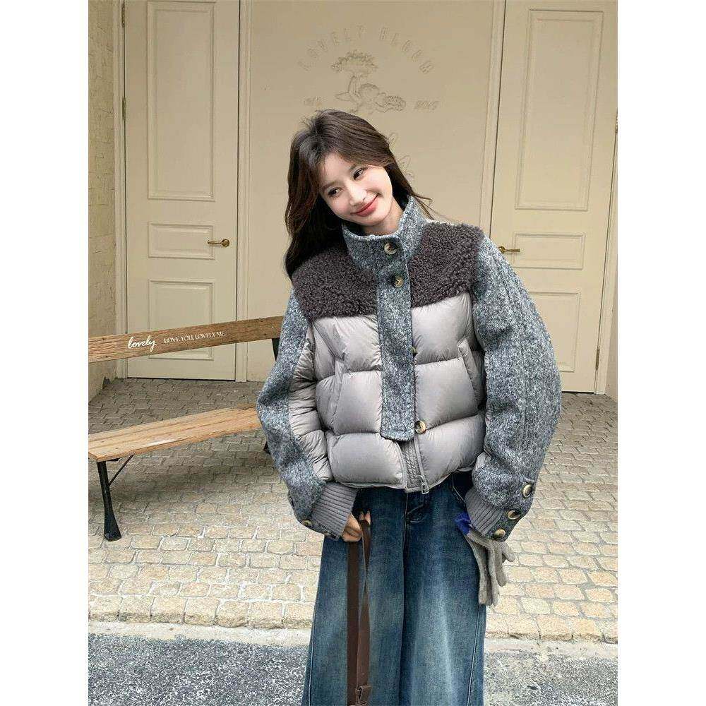 灰色羊羔毛拼接羽绒棉服女冬季短款韩系小个子棉衣高级感夹棉外套