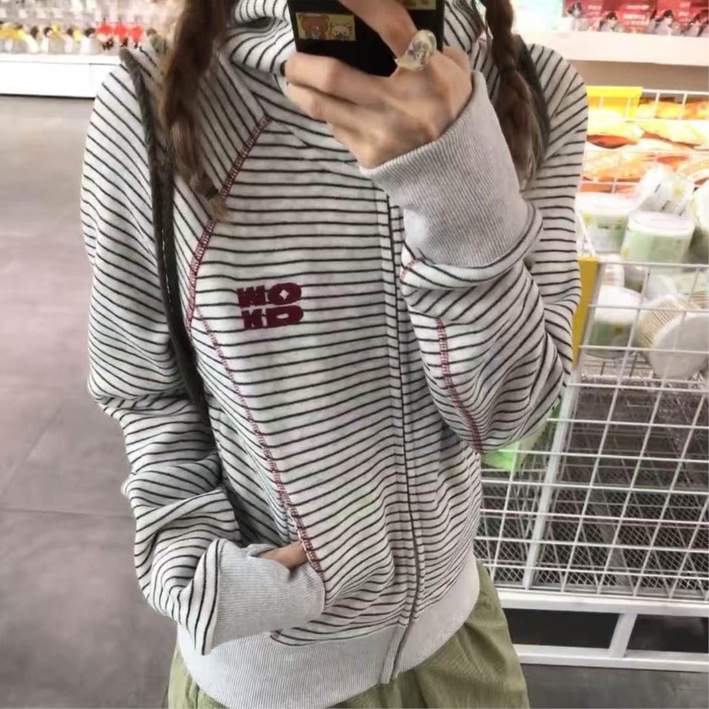 橘子皮美式潮流哈苏线撞色条纹连帽卫衣男2026情侣款开衫外套女