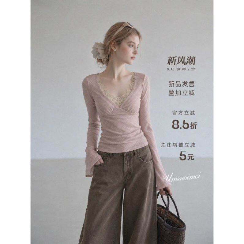 高智感粉色领蕾丝花边长袖恤女秋季温柔风收腰上衣