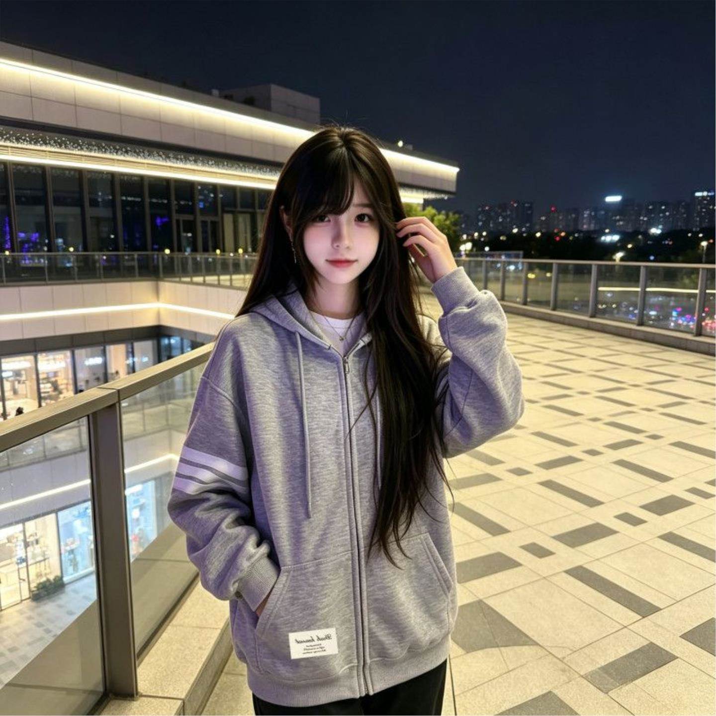 慵懒风连帽拉链开衫女生秋季通勤学院风韩系潮牌休闲洋气上衣帽衫