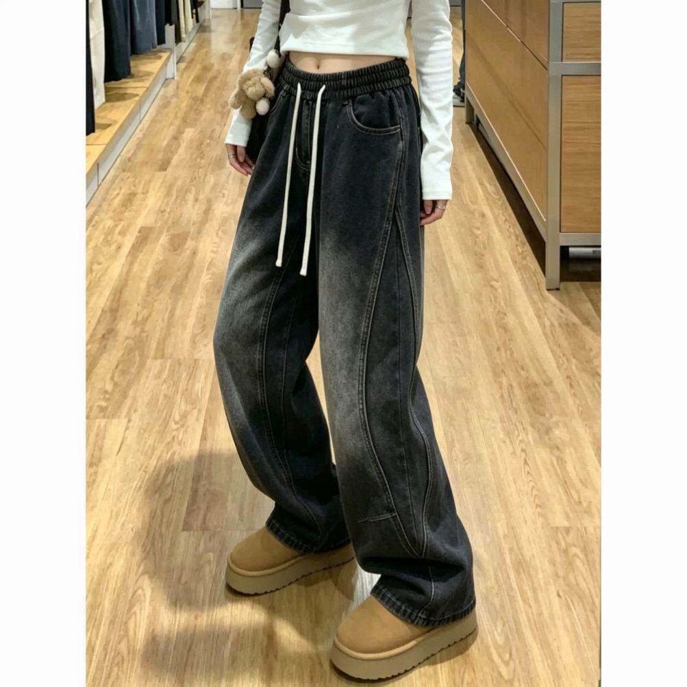 秋季抽绳松紧腰直筒褶皱弯刀牛仔裤男宽松显瘦垂感休闲女时尚套装