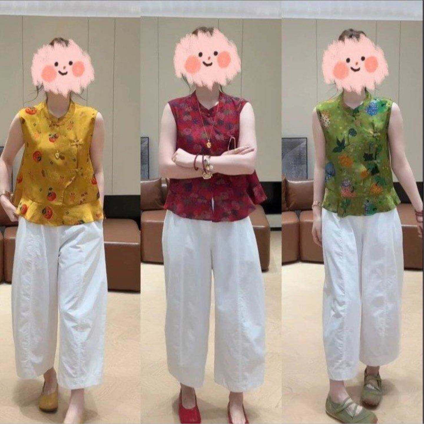 中老年女士夏季新款印花无袖马甲搭配白色宽松裤套装舒适百搭显瘦