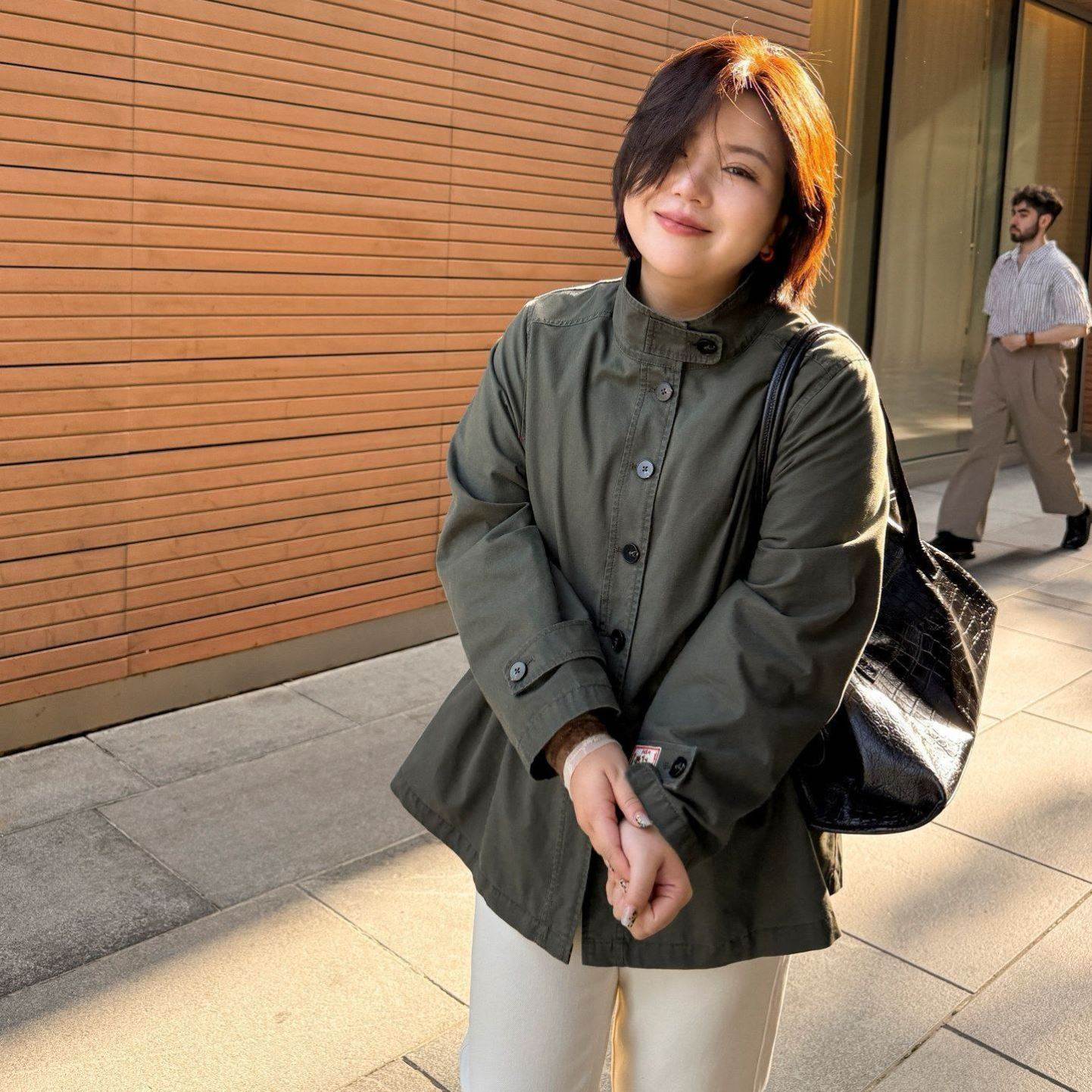 棉大码工装风立领军绿色风衣外套女秋季小个子宽松收腰夹克