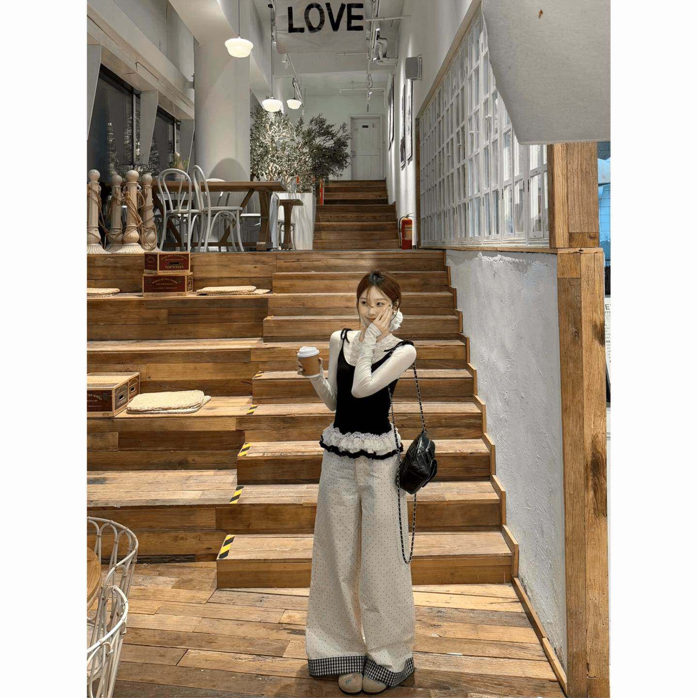 韩系少女感蕾丝荷叶边假两件恤女春设计感小众显瘦上衣裤子套装
