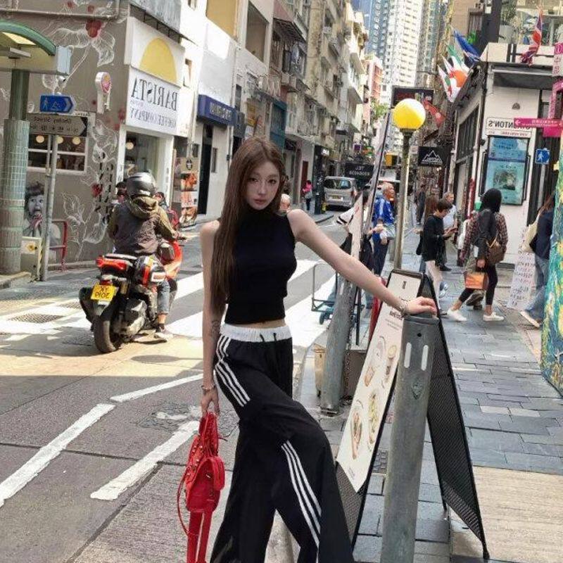 宽松美式黑色斜阔腿裤女运动