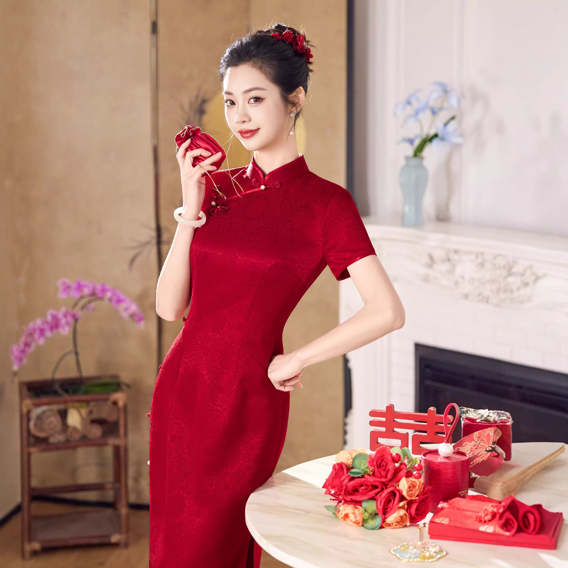 婚宴新娘红色醋酸长款旗袍礼服