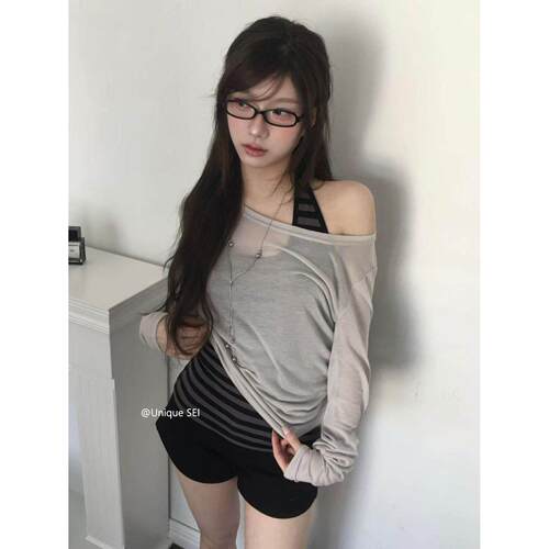 eihey诶嘿26年新款可叠穿修身显瘦罩衫挂脖上衣条纹吊带女两件套