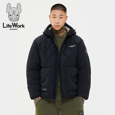 LIFEWORK HIDEAWAY黑色连帽加厚棉衣男厚款保暖外套菱格纹棉服