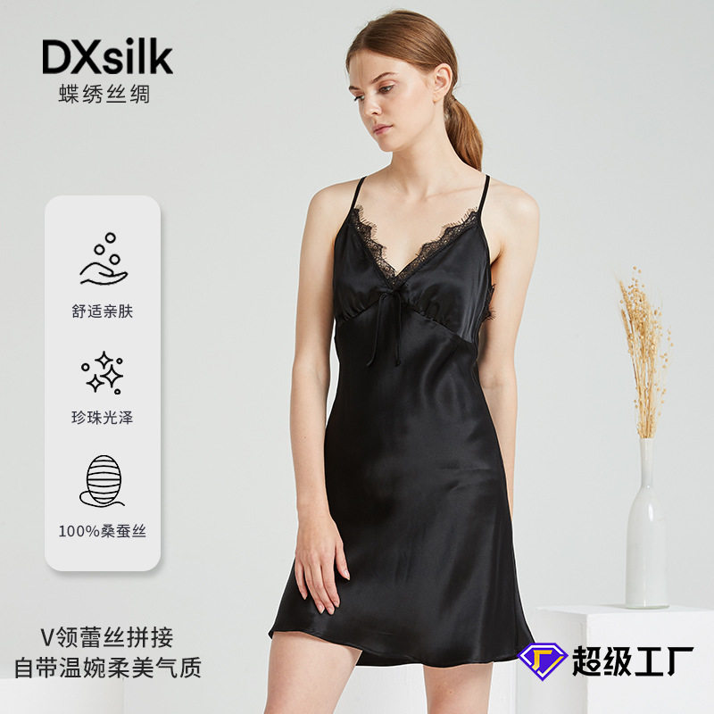 夏季桑蚕丝蕾丝蝴蝶结吊带睡裙