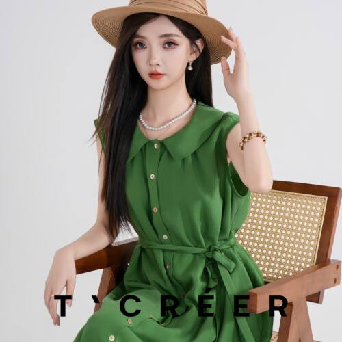 【内购会】T`CREER｜【苔秀阶绿】法式复古绿色无袖宽松连衣裙女