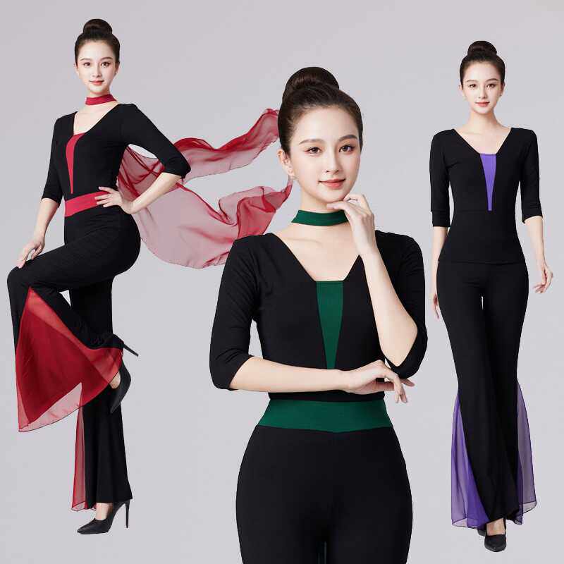 形体服舞蹈服莫代尔深V拼色
