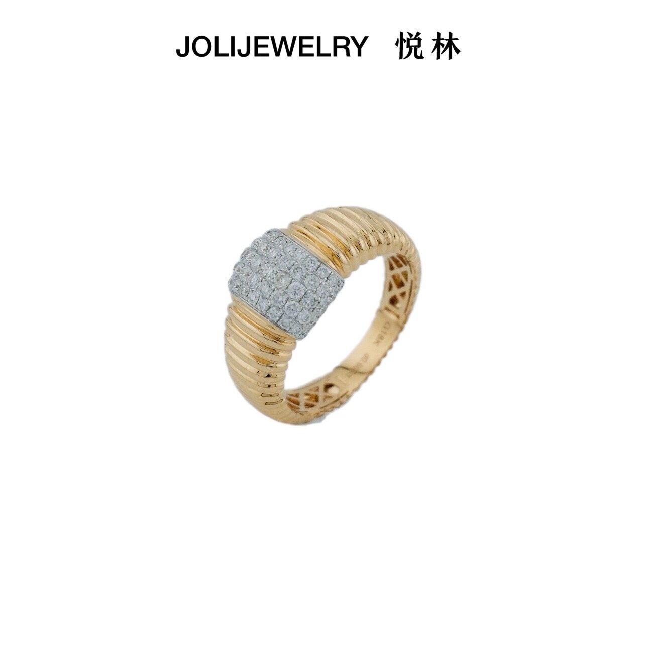 jolijewelry风琴女士戒指时尚轻奢18K金钻石女金色条纹戒高档送礼