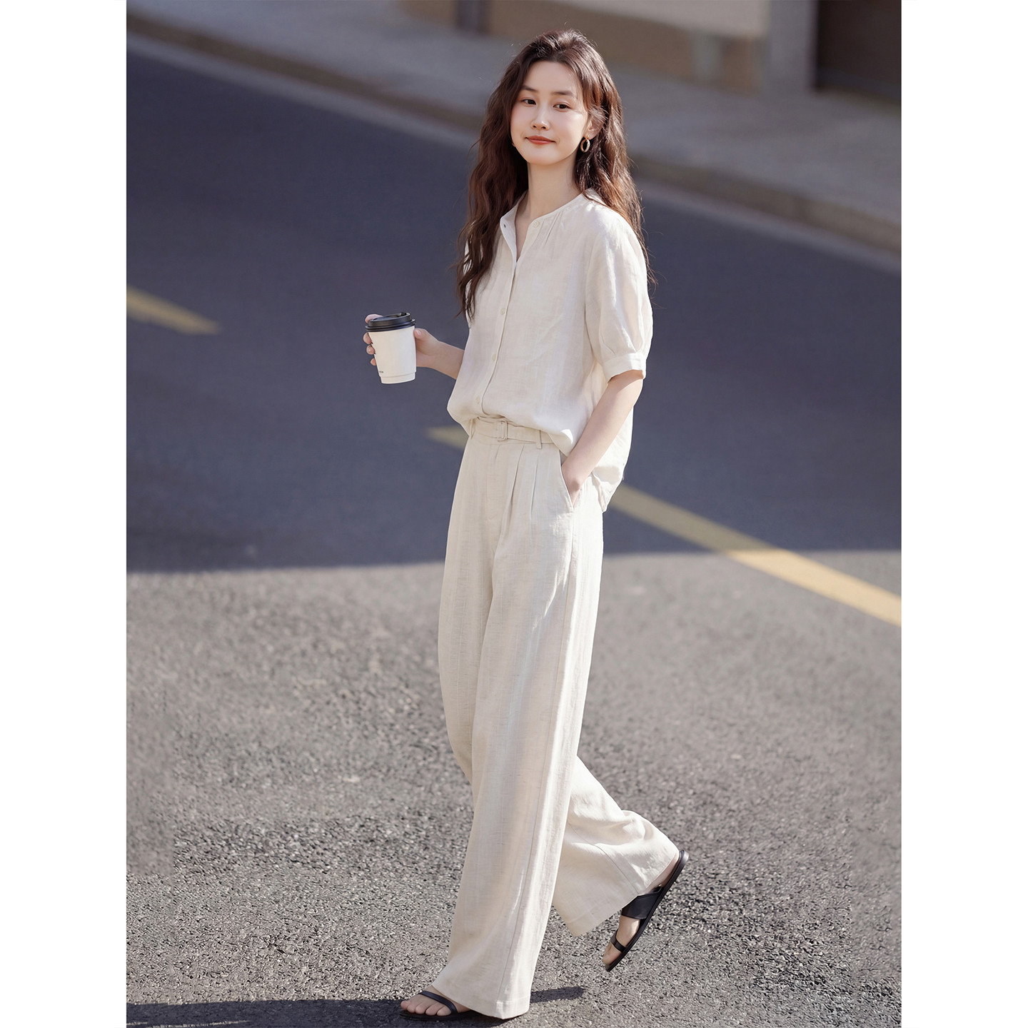 苏醒的乐园含亚麻2026春夏时尚休闲减龄短袖衬衫阔腿长裤套装女