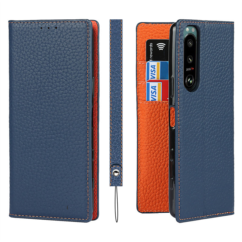 适用索尼Xperia 5 III手机壳索尼5 iii保护套挂绳荔枝纹真皮皮套商务时尚个性全包防摔男女新款保护壳