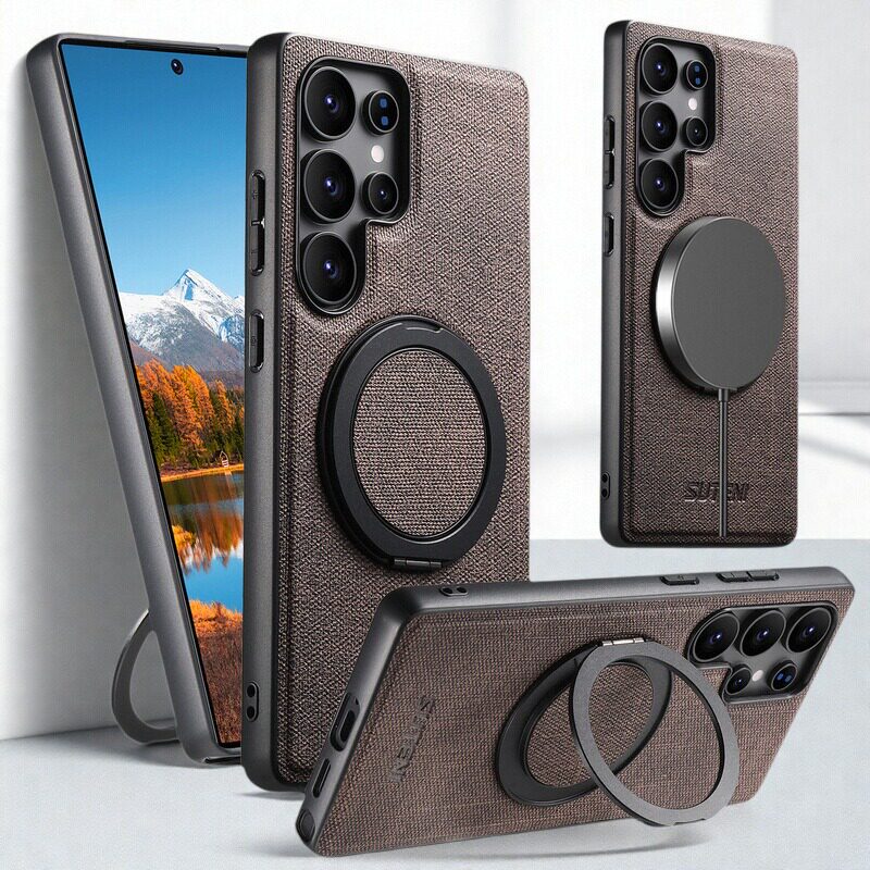 适用三星S25/S26 ultra手机壳后盖商务S24/S23/S22 ultra保护壳全包无线背磁吸充电360°旋转指环扣支架皮套