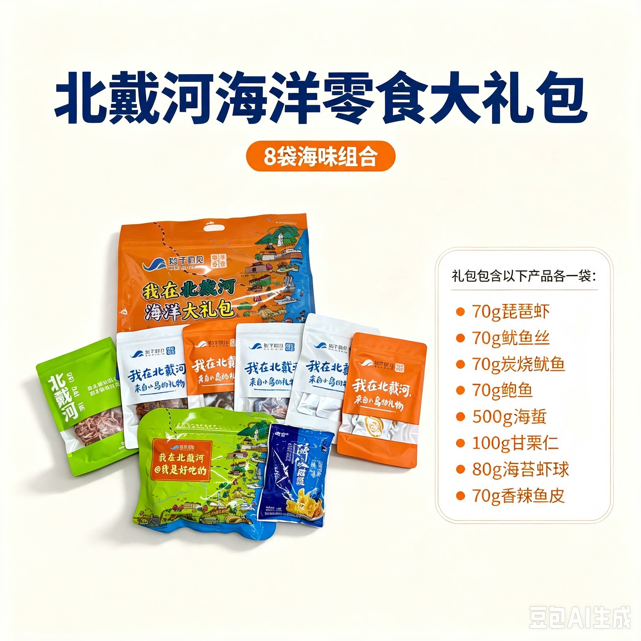 北戴河海洋零食大礼包8袋组合装海鲜干货礼袋装1030克