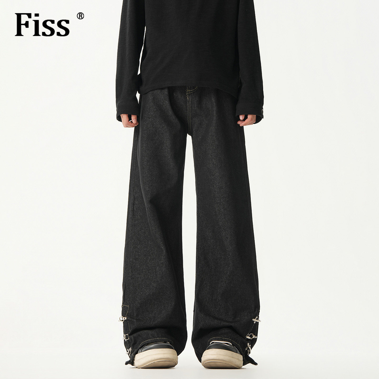 fiss设计感小众飞机扣拖地牛仔裤男秋季美式vibe原牛黑直筒长裤子