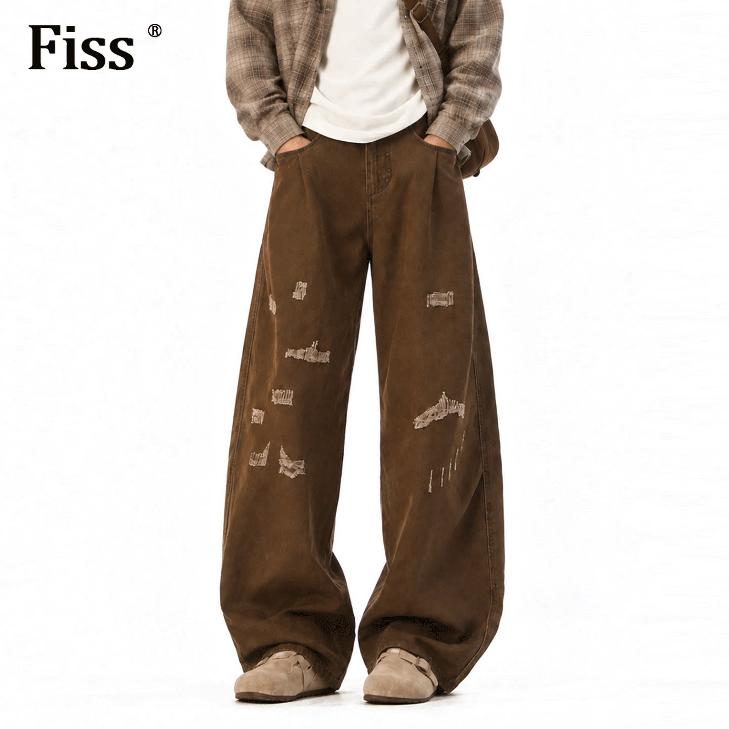 fiss美式复古褶皱直筒牛仔裤男秋季潮牌做旧宽松休闲百搭阔腿长裤