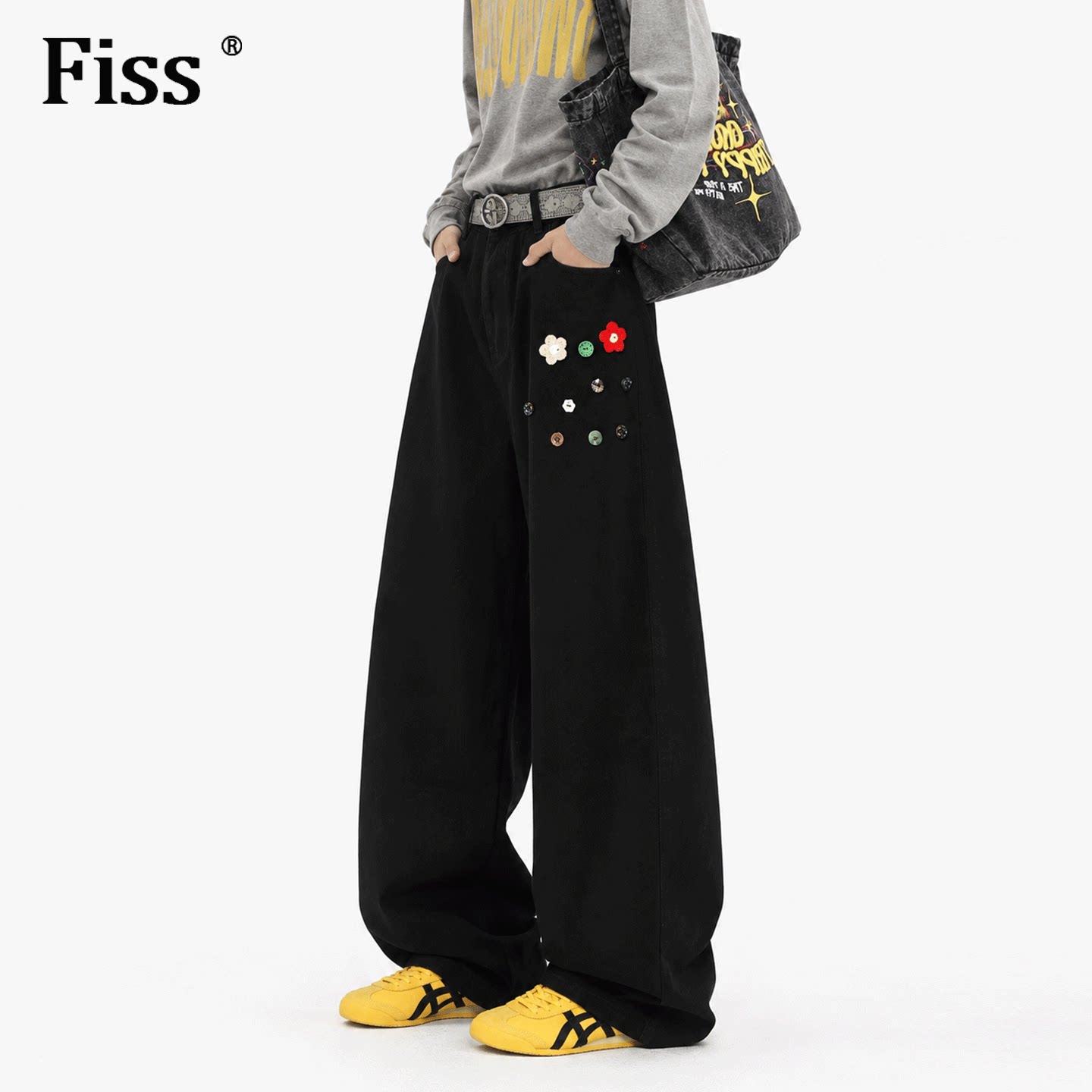 fiss美式黑色纽扣休闲阔腿裤男款秋季新款潮牌廓形百搭宽松拖地裤