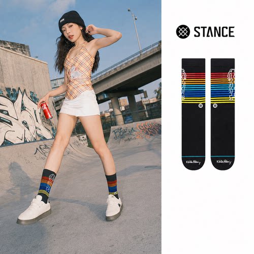 STANCE潮流袜子KEITH HARIN合作款男袜女袜彩虹条纹款中筒袜个性