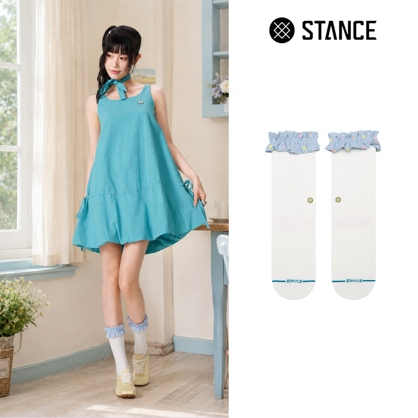 stance拼接格子花边长筒袜