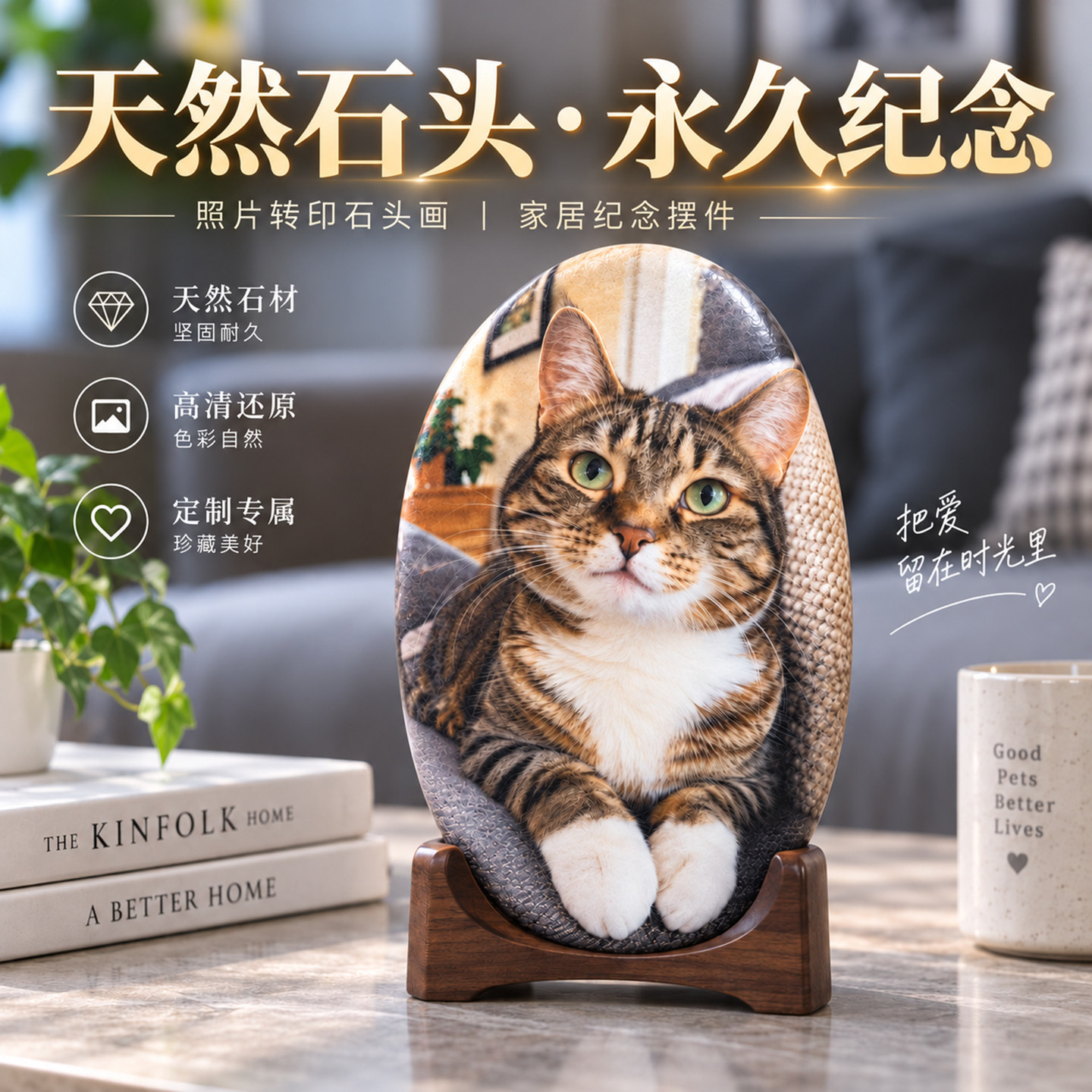 宠物纪念石定制猫狗离世纪念摆件天然石照片永久保存石头画类定制