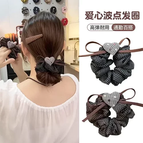 韩系波点蝴蝶结发圈高级感爱心发绳高弹力耐用扎马尾丸子头绳cc
