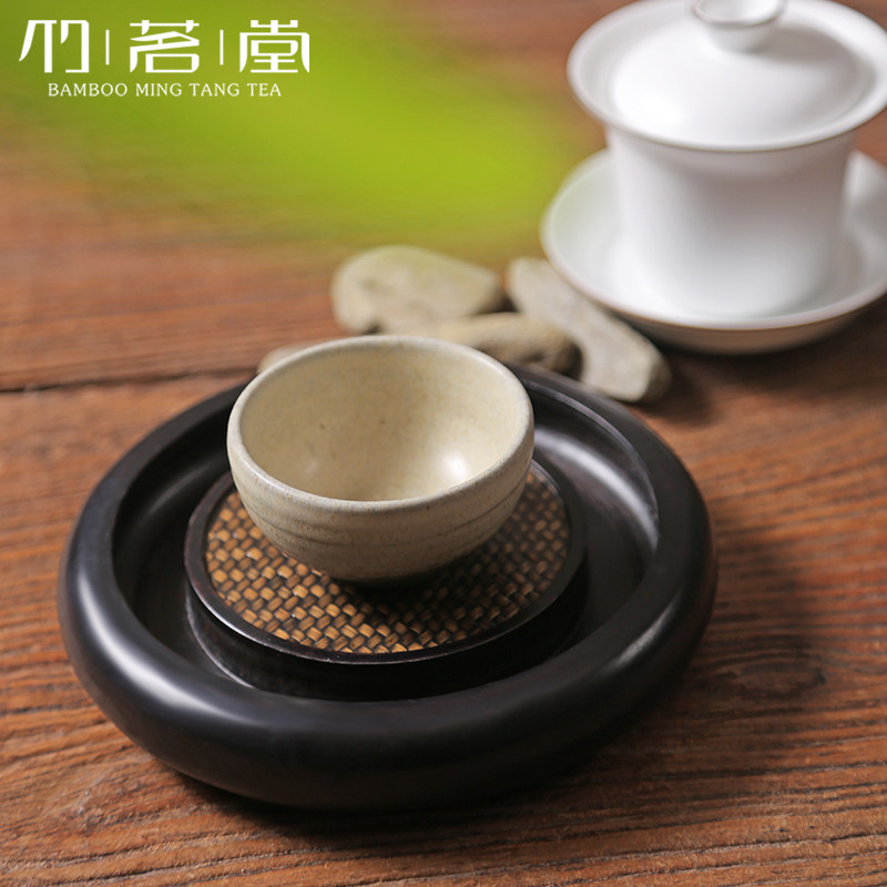 仿古重竹席面壶承 日式小茶盘实木壶托紫砂壶 功夫茶具圆形干泡盘