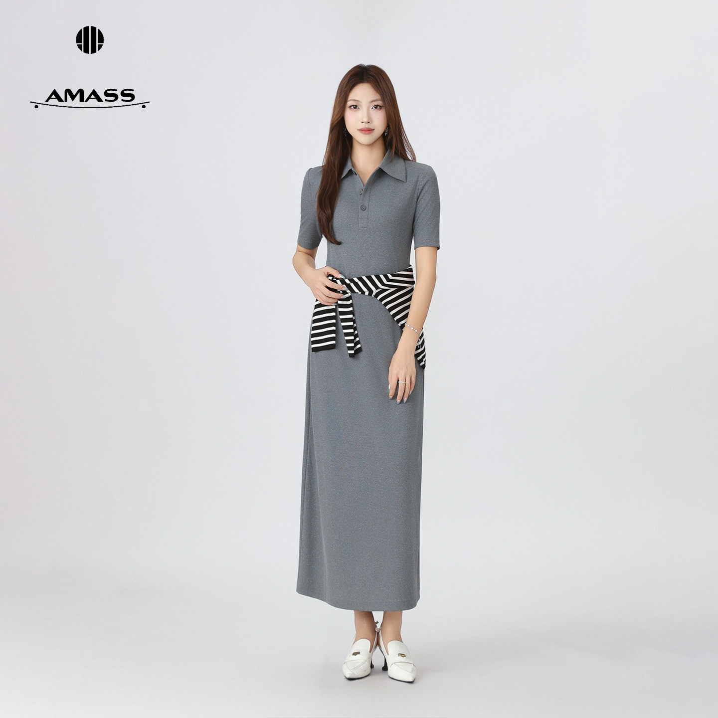 阿玛施女士夏季新款衬衫领短袖A字裙时尚垂坠感加长连衣裙550030