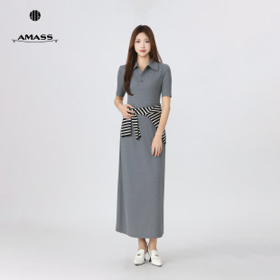 阿玛施女士夏季新款衬衫领短袖A字裙时尚垂坠感加长连衣裙550030