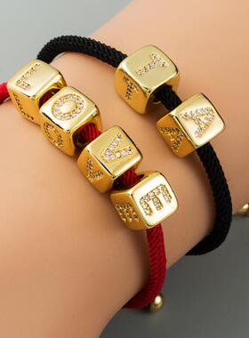 bracelet 欧美跨境手链欧美字母手串黄铜微镶情侣红绳抽拉DIY手饰