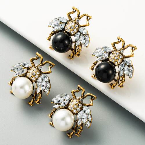 ins欧美潮流复古个性蜜蜂大珍珠耳环女镶水钻合金百搭耳钉earring
