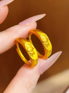 古法沙金印章莲花磨砂戒指拉丝复古实心可调节指环新中式送女友礼