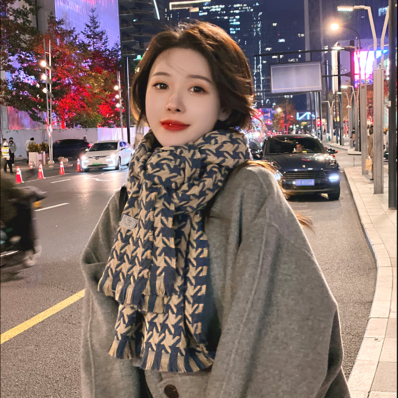 千鸟格围巾女冬季复古保暖围脖