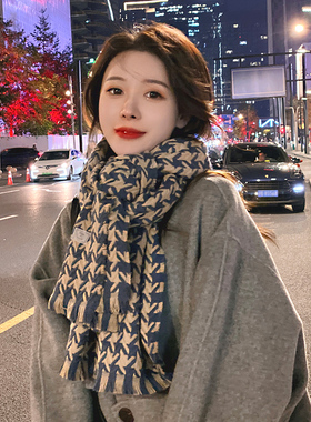 OVANCY千鸟格围巾女冬季2024新款韩版仿羊绒情侣披肩复古保暖围脖