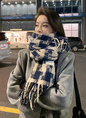 OVANCY日系复古格子围巾女冬季ins百搭加厚保暖披肩冬天蓝色围脖